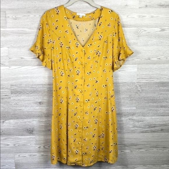 Flutter Midi Dress Tie Back Gold Floral - Picture 1 of 8